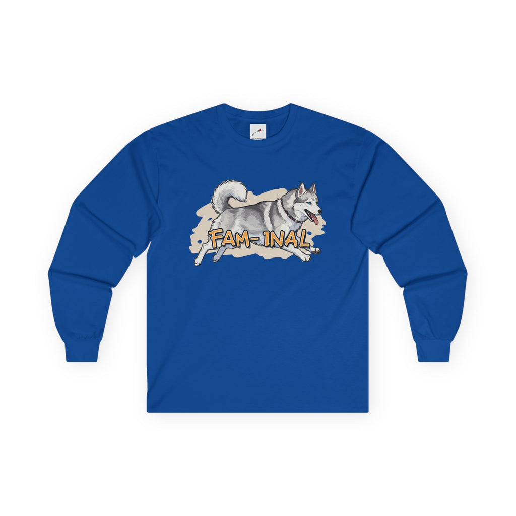 Blue cute husky design long sleeve top by LuckeLadybug with playful husky and FAM-INAL text