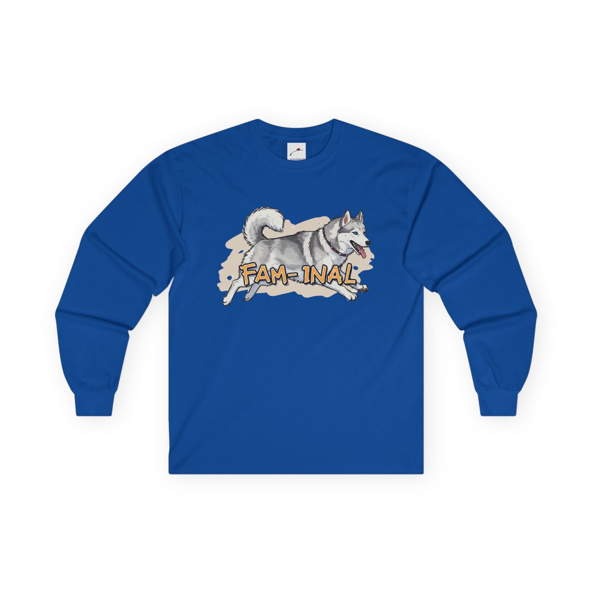 Blue cute husky design long sleeve top by LuckeLadybug with playful husky and FAM-INAL text