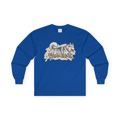 Blue cute husky design long sleeve top by LuckeLadybug with playful husky and FAM-INAL text