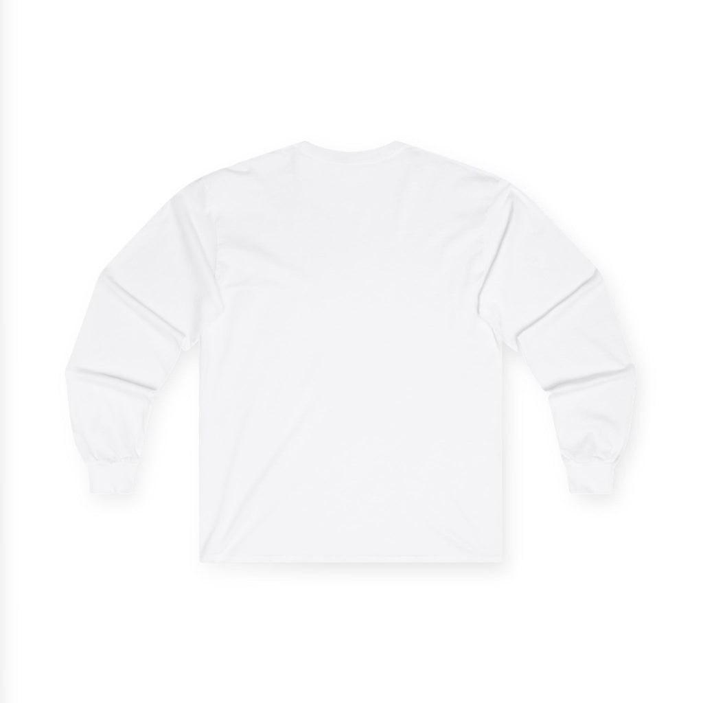 White long sleeve top by LuckeLadybug showcasing the back view of the cute husky design long sleeve top