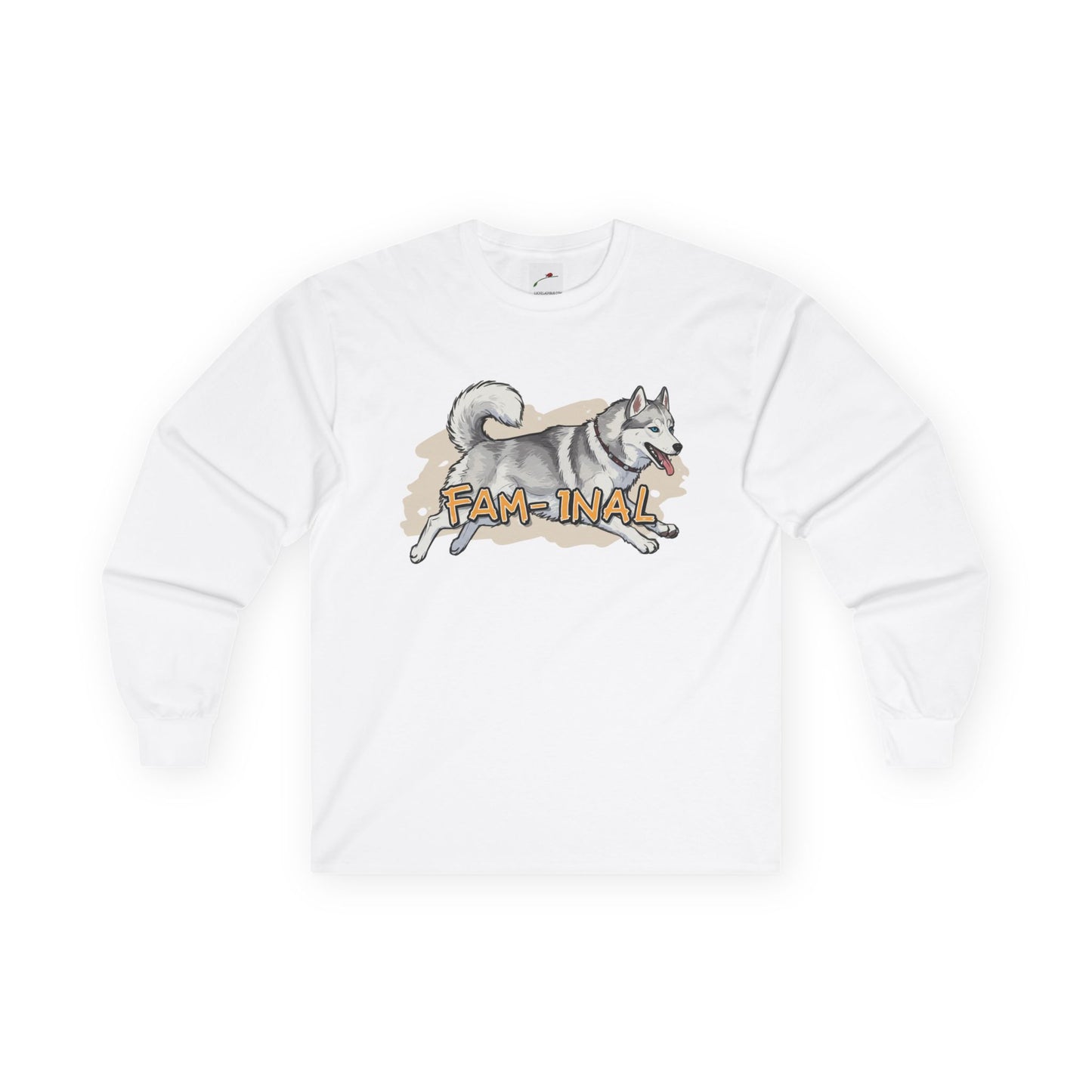 LuckeLadybug white cute husky design long sleeve top with playful dog graphic and fam-inal text