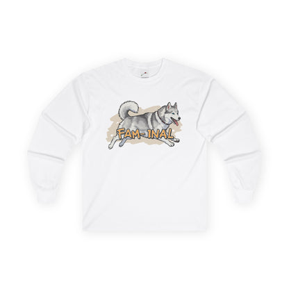 LuckeLadybug white cute husky design long sleeve top with playful dog graphic and fam-inal text