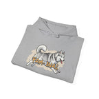 LuckeLadybug gray hoodie with cute husky print pullover design featuring a playful husky and text