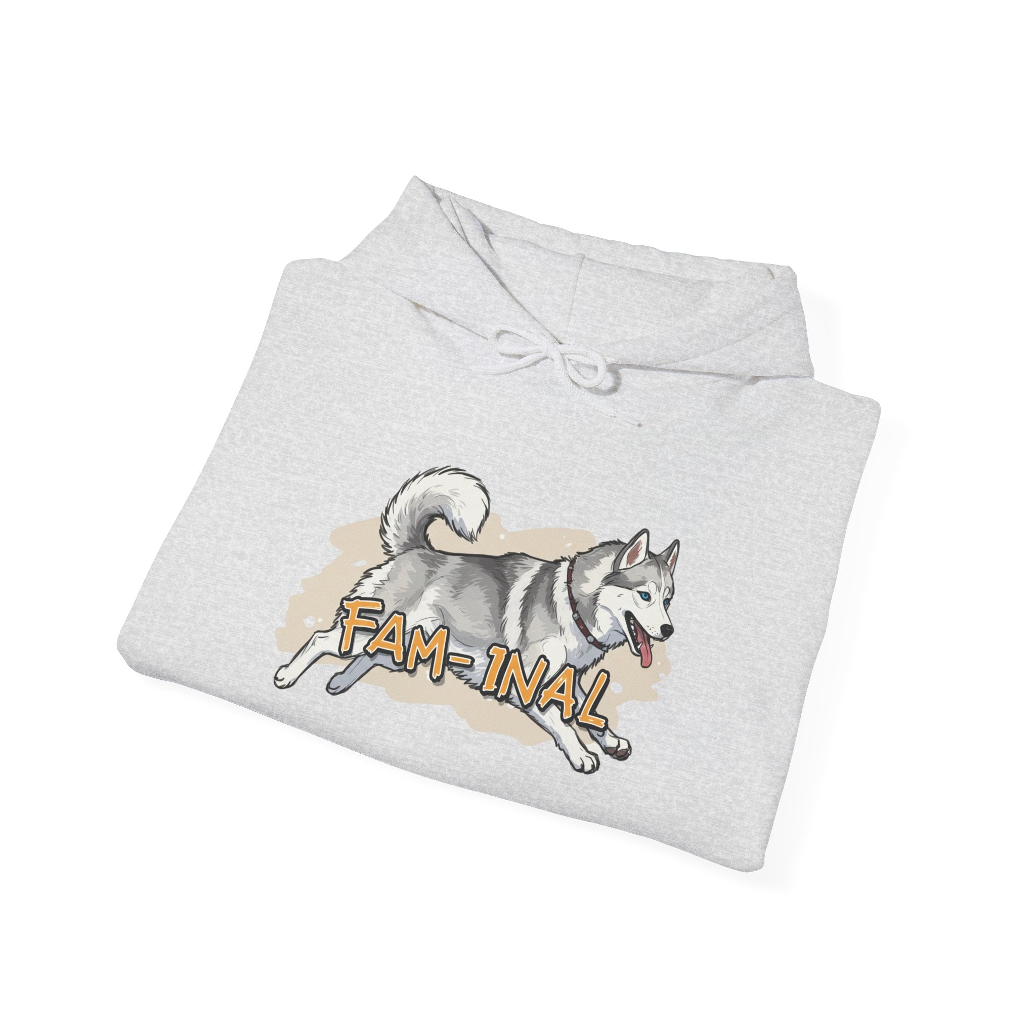 LuckeLadybug gray hoodie with cute husky print pullover design and FAM-INAL text