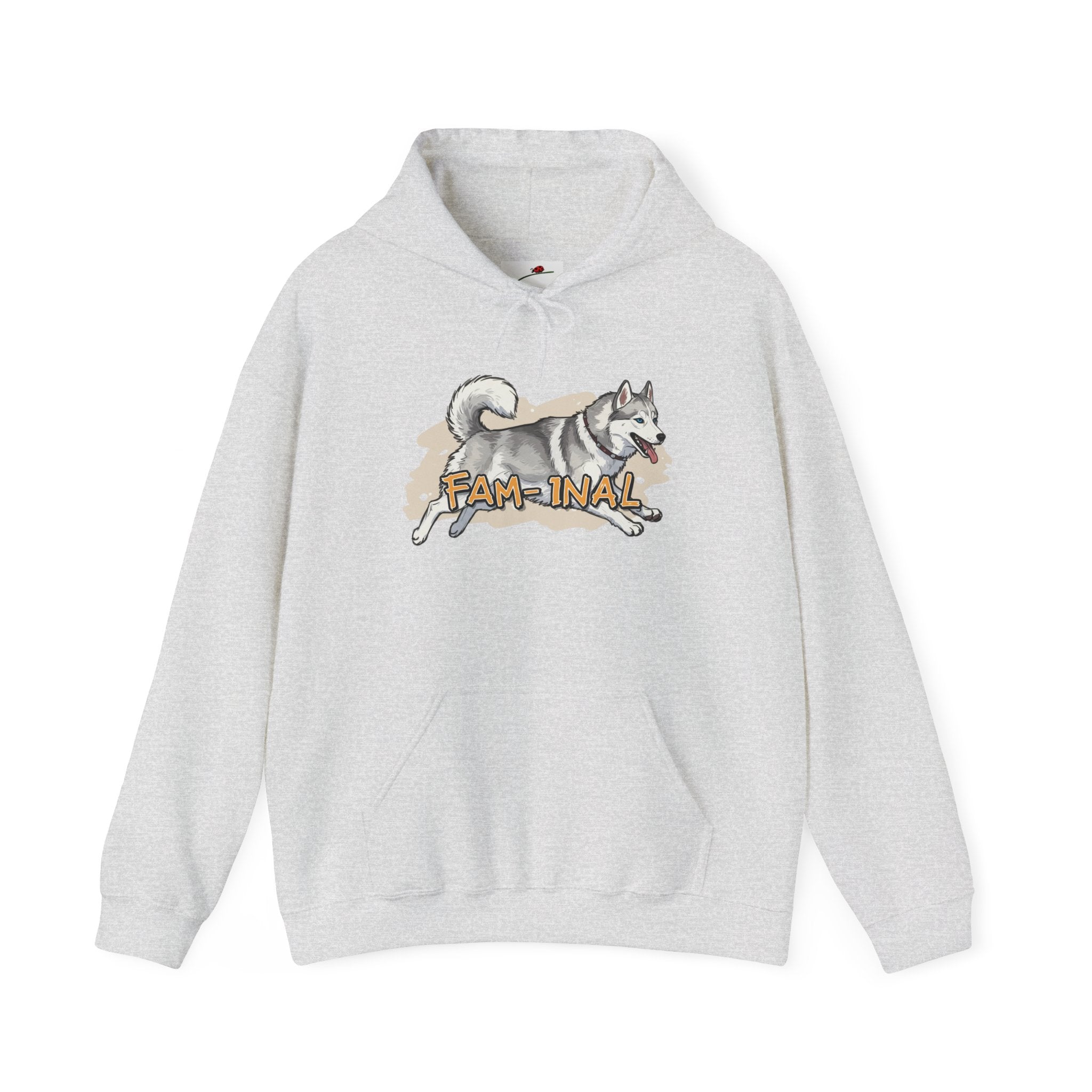 LuckeLadybug hoodie with cute husky print pullover design in light gray with front pocket