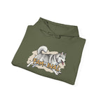 Olive green hoodie with cute husky print pullover design featuring playful dog and fam-inal text