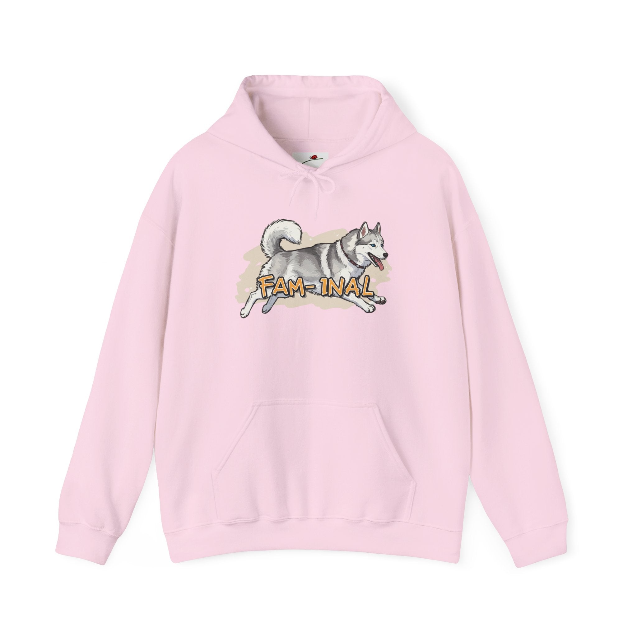 Light pink hoodie with cute husky print pullover design featuring a playful husky and text