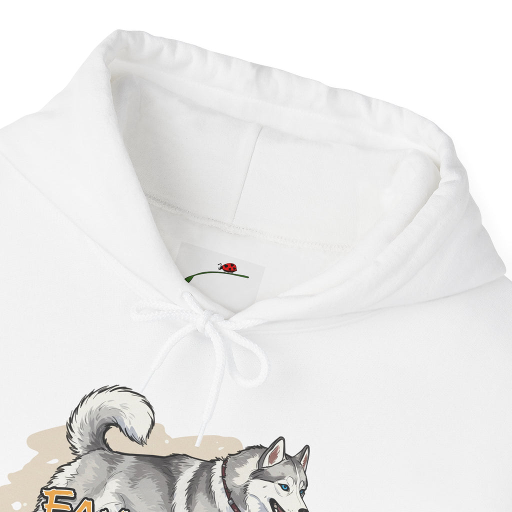 White hoodie with cute husky print pullover design by LuckeLadybug featuring a playful gray and white husky