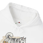 White hoodie with cute husky print pullover design by LuckeLadybug featuring a playful gray and white husky