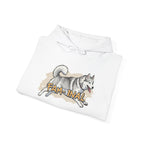 White LuckeLadybug hoodie with cute husky print pullover featuring a playful husky and FAM-1NAL text