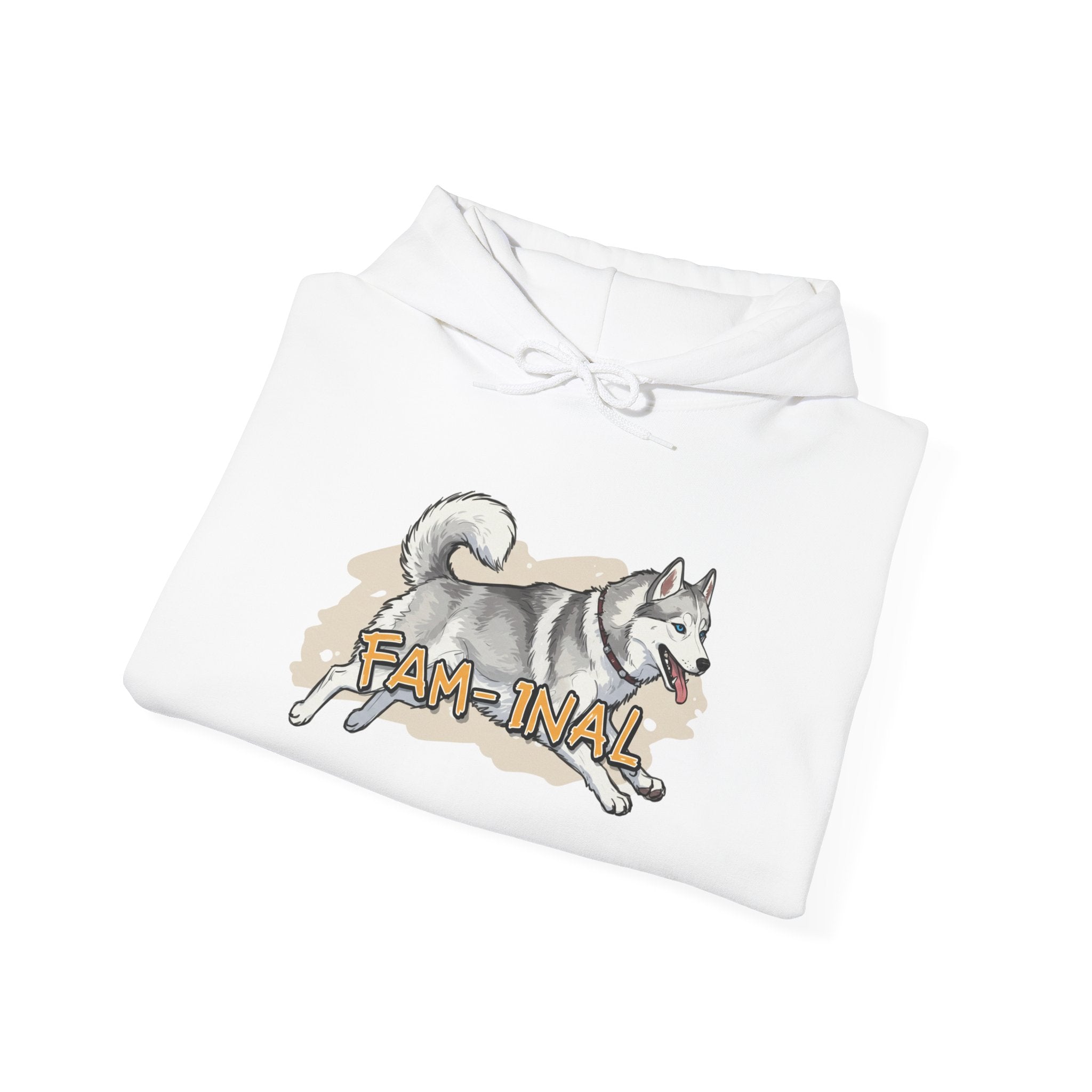 White LuckeLadybug hoodie with cute husky print pullover featuring a playful husky and FAM-1NAL text