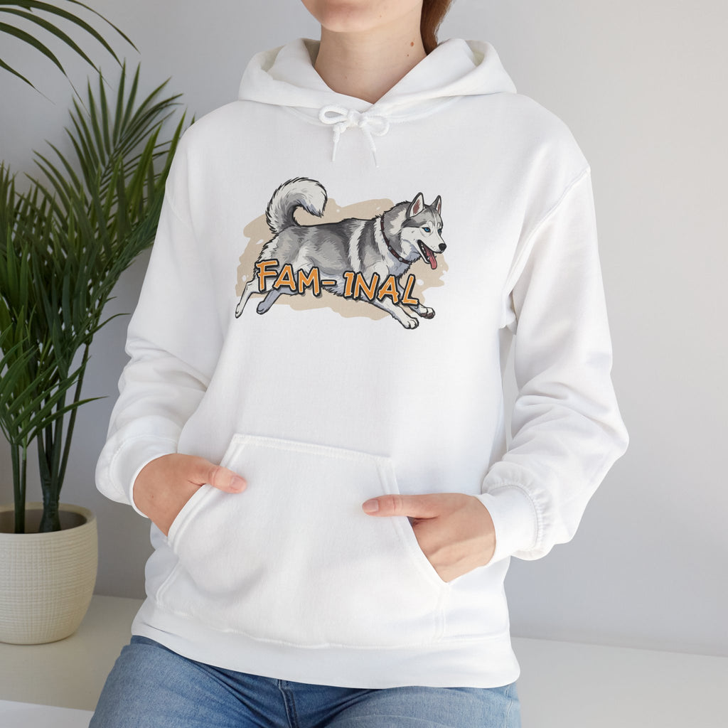 White hoodie with cute husky print pullover design and kangaroo pocket worn by person