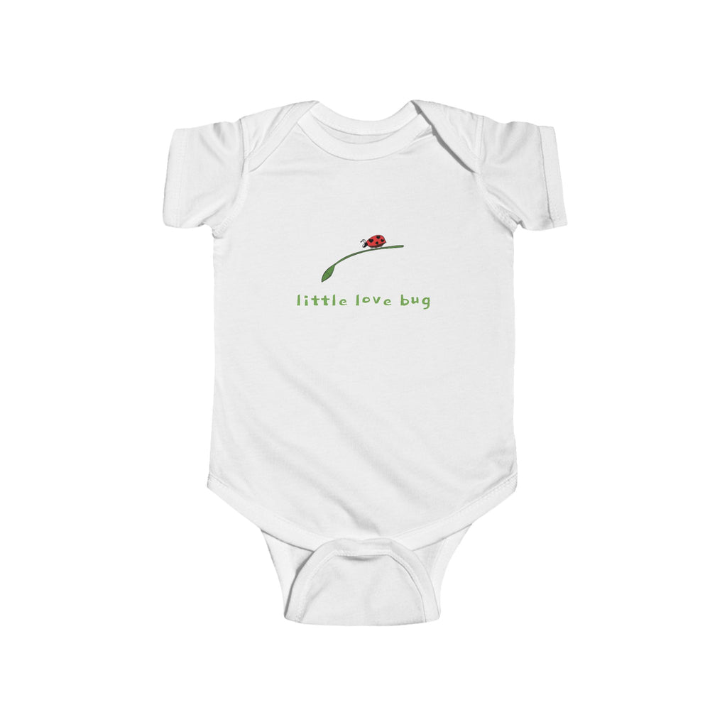 White cute infant onesie with ladybug graphic and little love bug text by LuckeLadybug