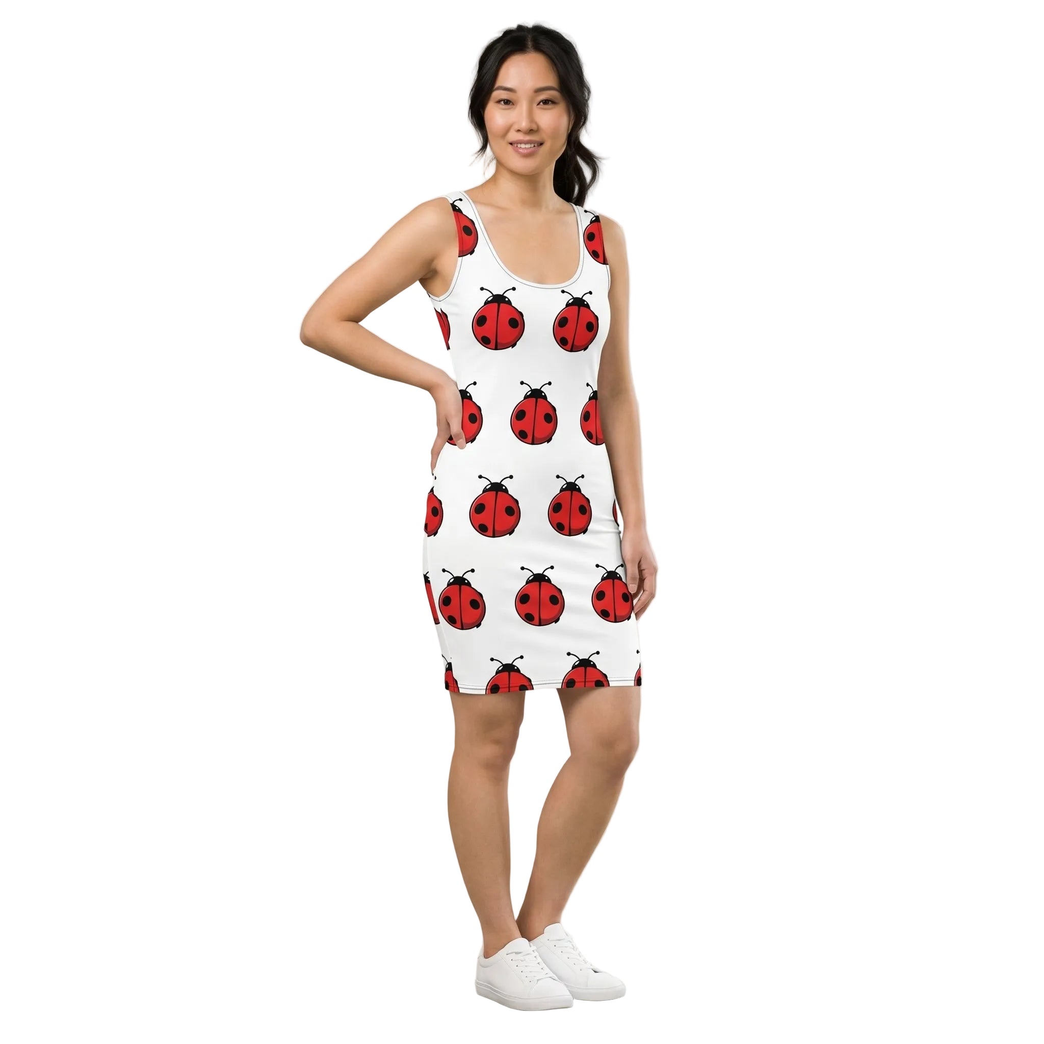 Cute ladybug bodycon dress featuring a vibrant ladybug pattern for a stylish summer look