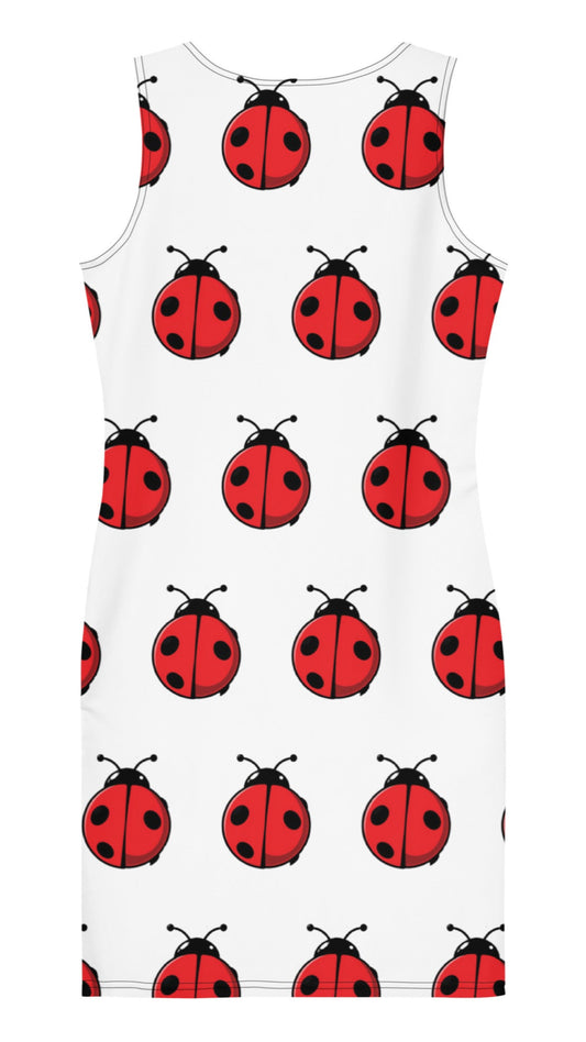 White bodycon dress with red ladybug print pattern featuring cute ladybug bodycon dress design