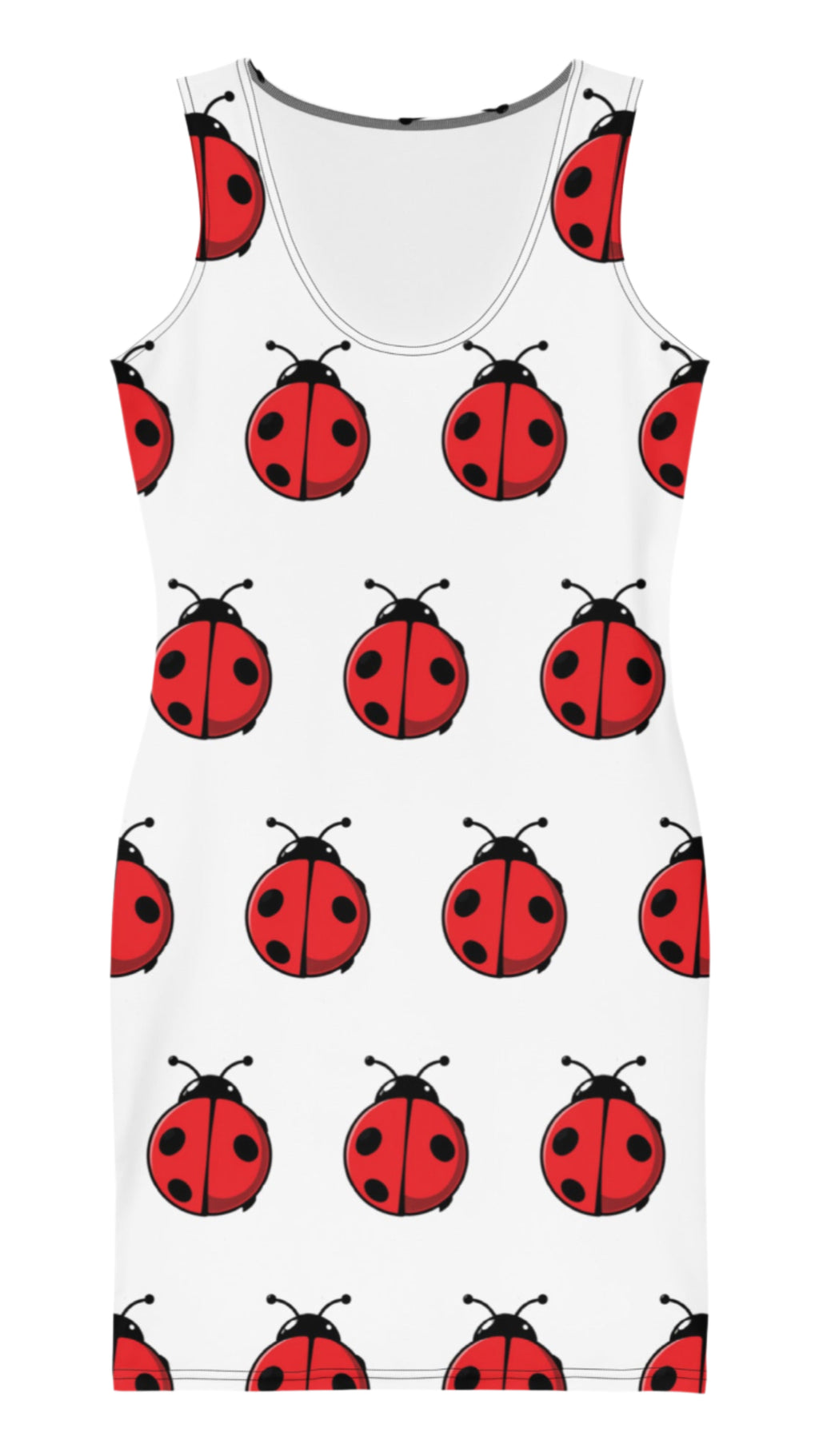 Luckeladybug cute ladybug bodycon dress with red ladybug pattern on white sleeveless fabric