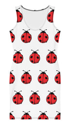 Luckeladybug cute ladybug bodycon dress with red ladybug pattern on white sleeveless fabric