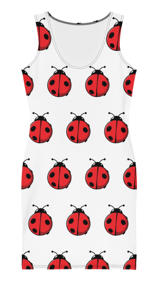 Luckeladybug cute ladybug bodycon dress with red ladybug pattern on white sleeveless fabric