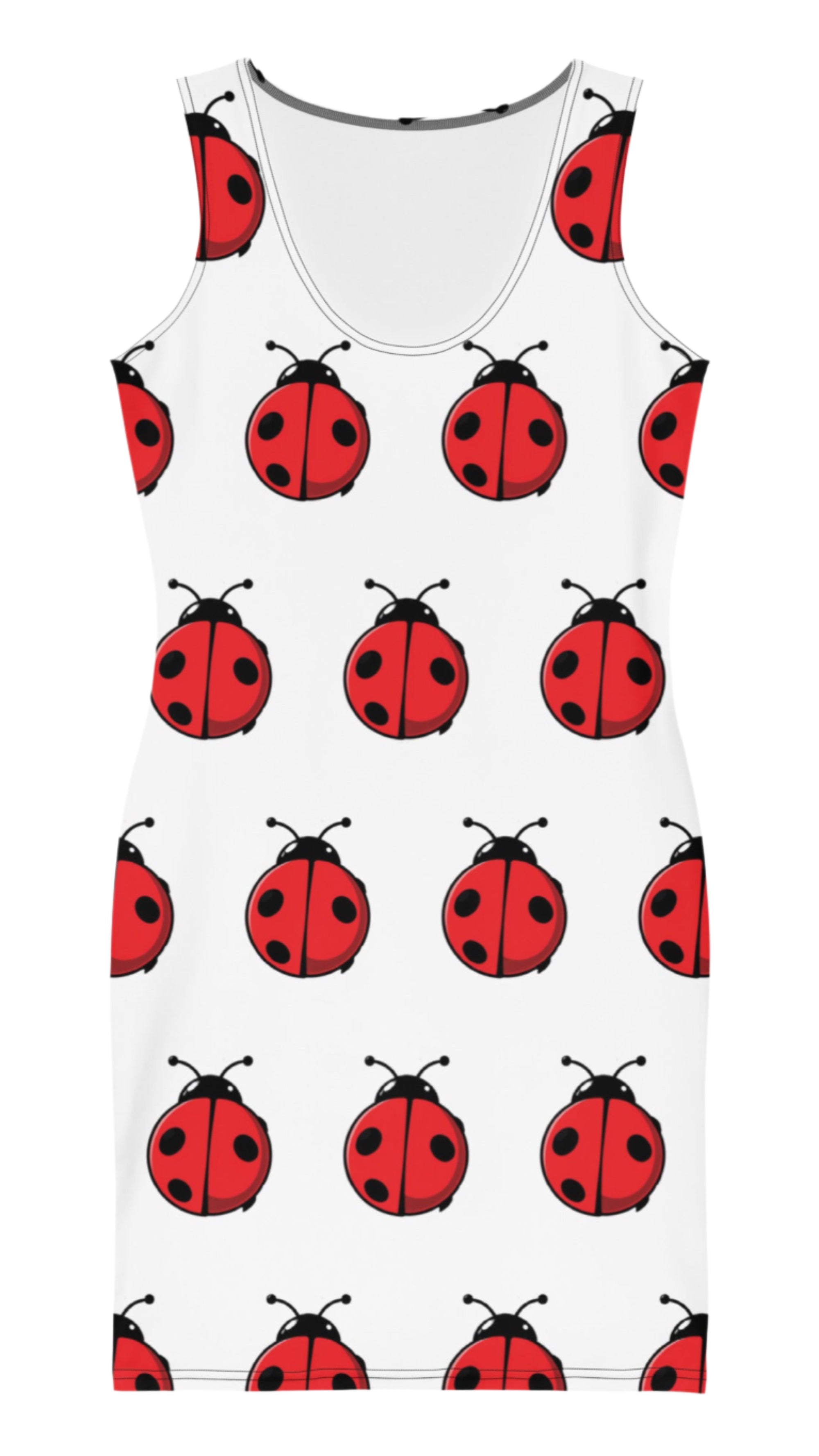 Cute ladybug bodycon dress with a fun red and black ladybug pattern on a white background