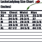 LuckeLadybug size chart for cute ladybug bodycon dress with measurements for chest waist and hips in inches