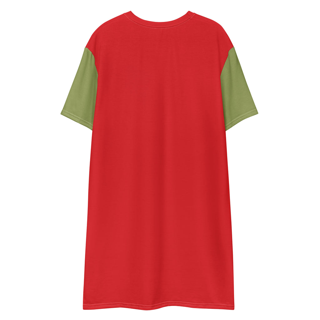 Back view of red and green T-shirt dress by luckeladybug featuring cute ladybug dress style