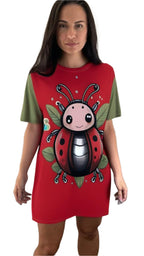 Luckeladybug cute ladybug dress T-shirt dress with large ladybug graphic on red and green short sleeves