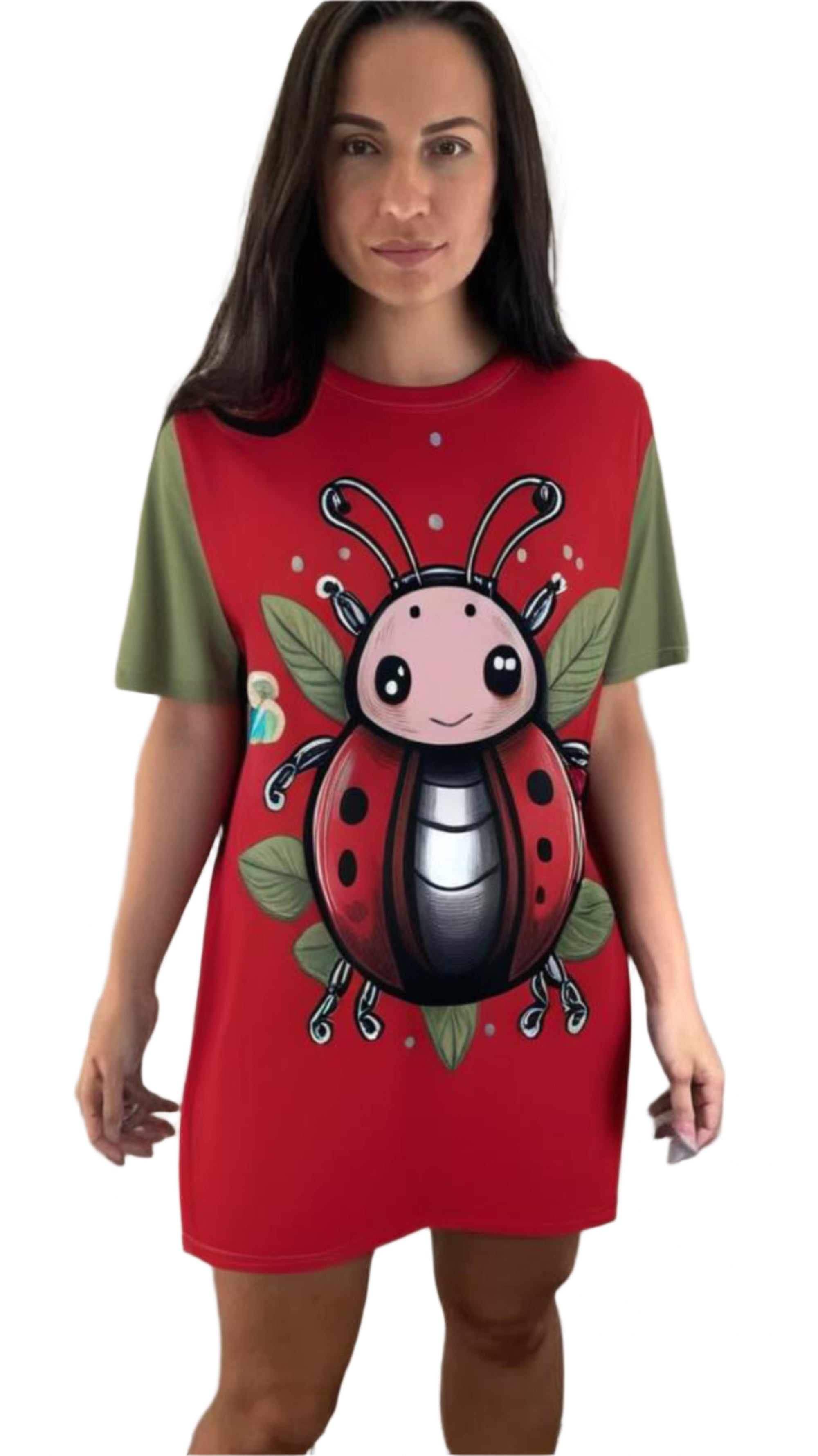 Luckeladybug cute ladybug dress T-shirt dress with large ladybug graphic on red and green short sleeves