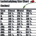 LuckeLadybug size chart for cute ladybug dress showing chest waist and hips measurements in inches