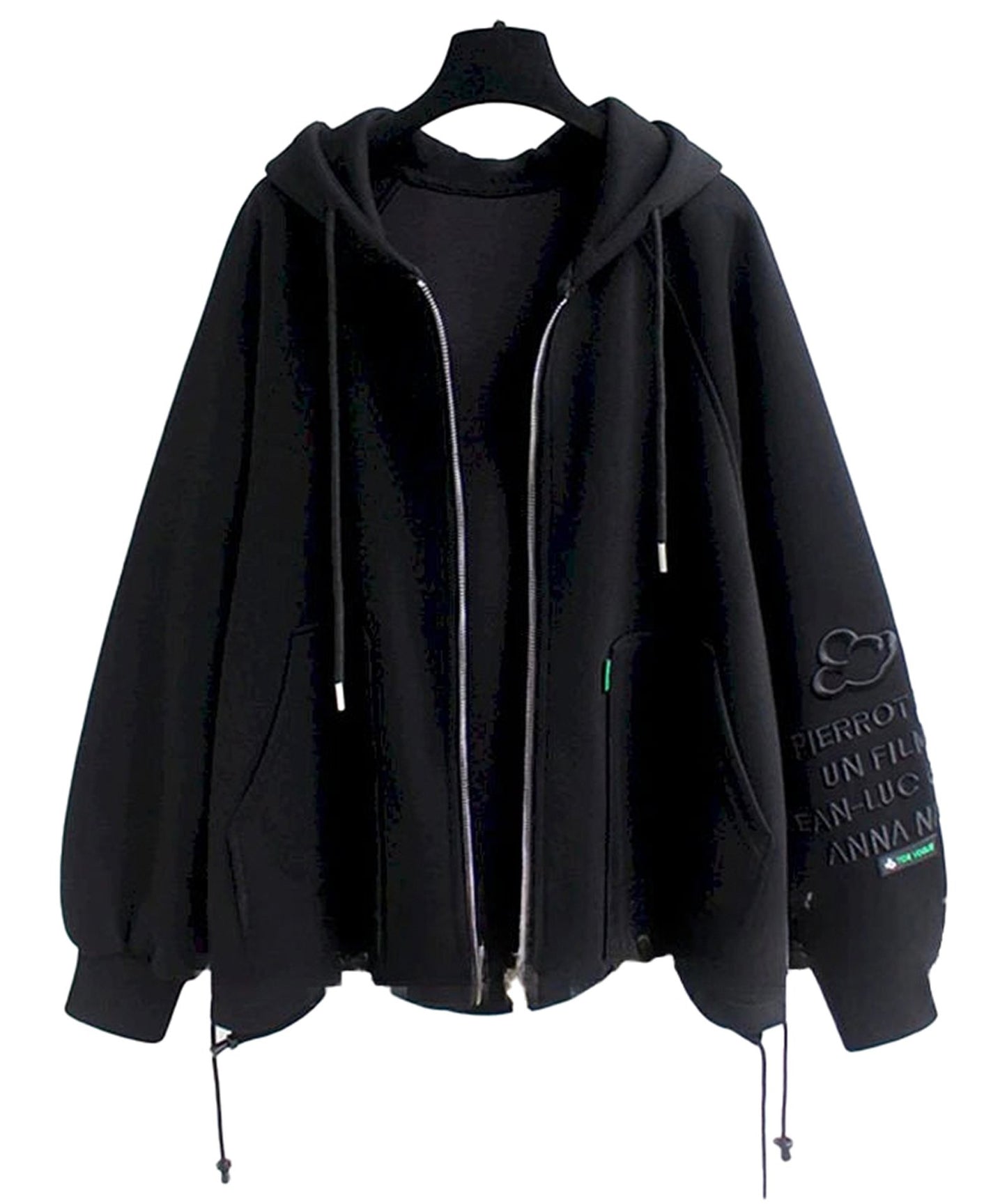 Cute oversized hooded coat for women in black with zip closure and adjustable drawstring