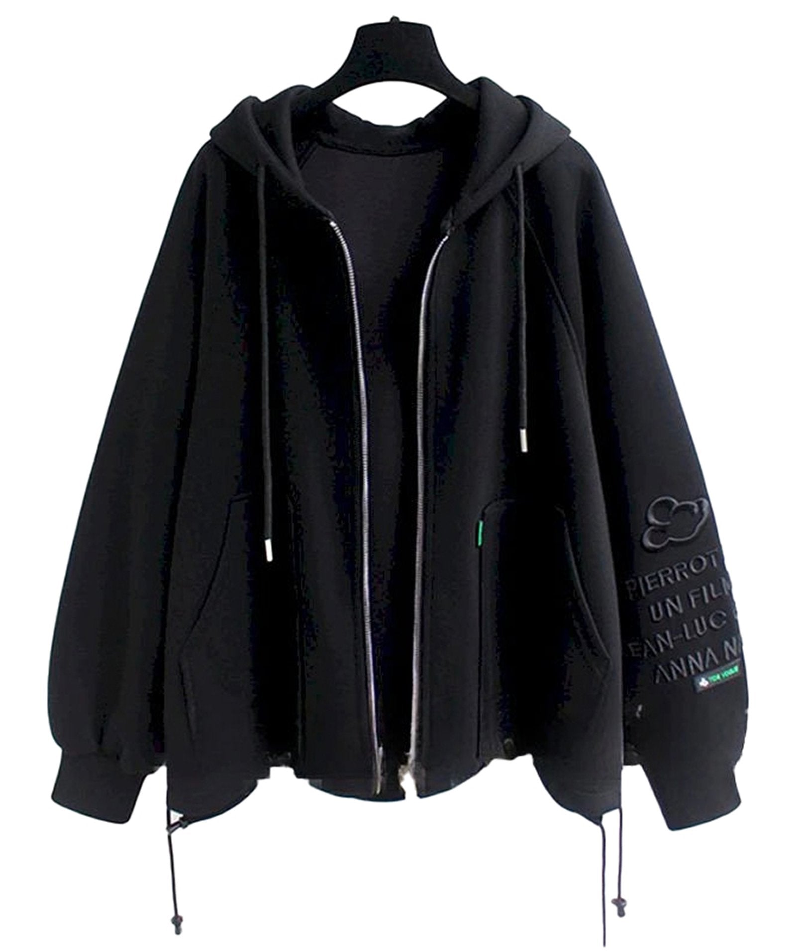 Cute oversized hooded coat for women in black with zip closure and adjustable drawstring