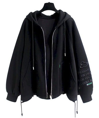 Cute oversized hooded coat for women in black with zip closure and adjustable drawstring