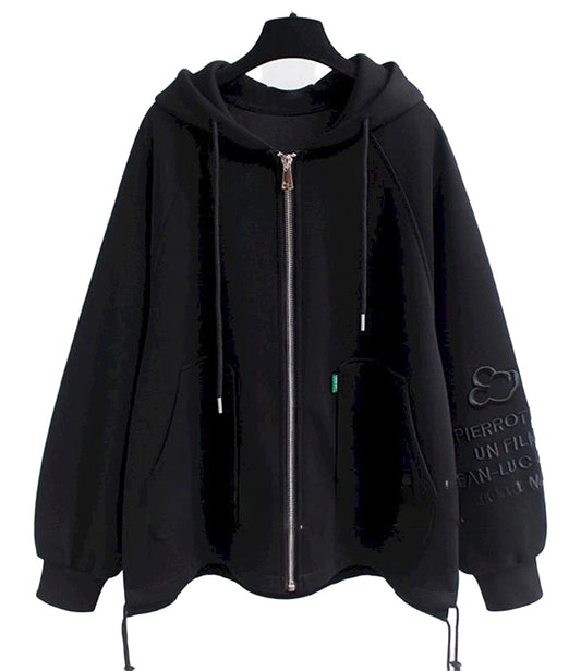 Cute oversized hooded coat for women in black with zip closure and spacious pockets