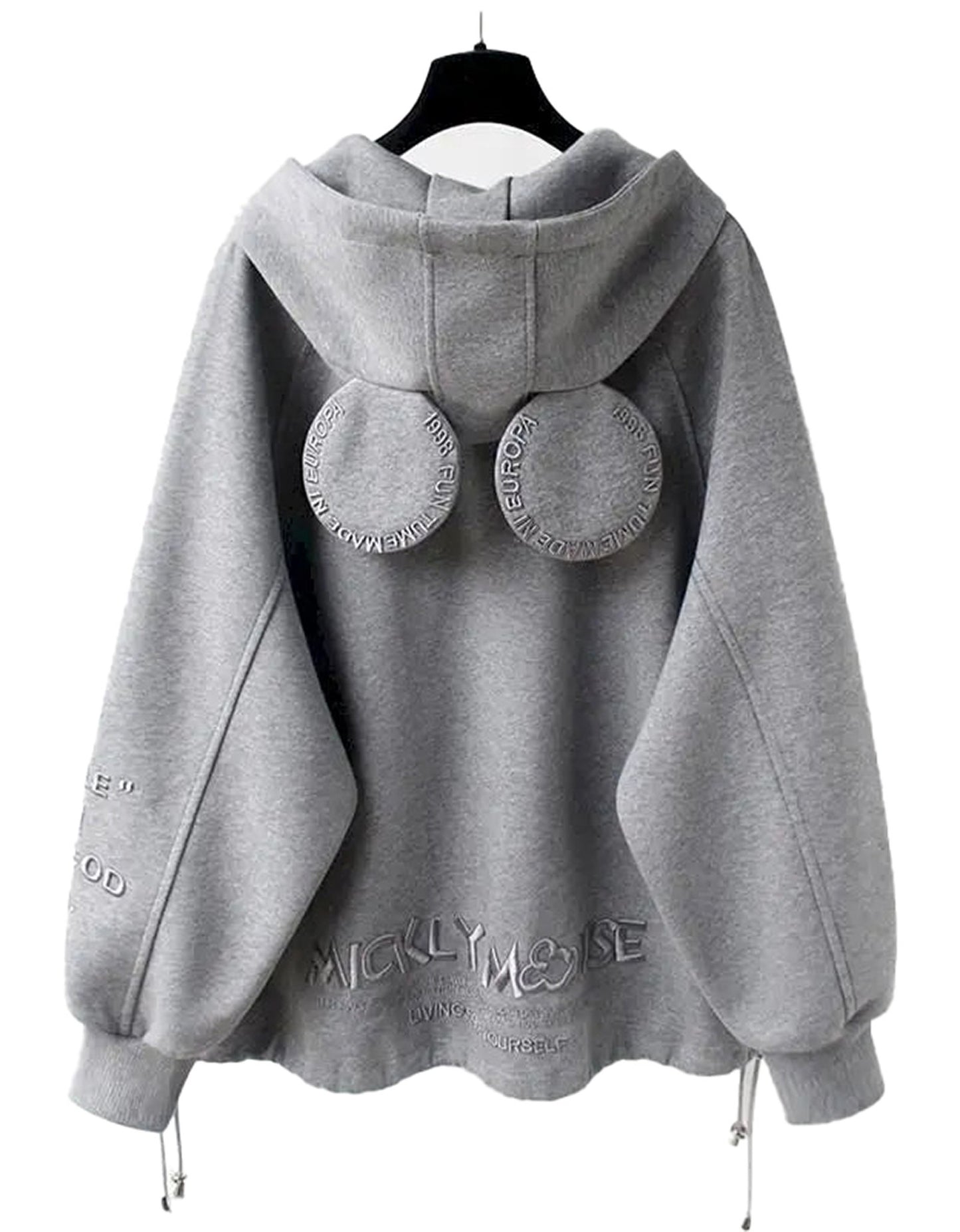 Cute oversized hooded coat for women in grey with unique back design and drawstring details