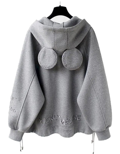 Cute oversized hooded coat for women in grey with unique back design and drawstring details