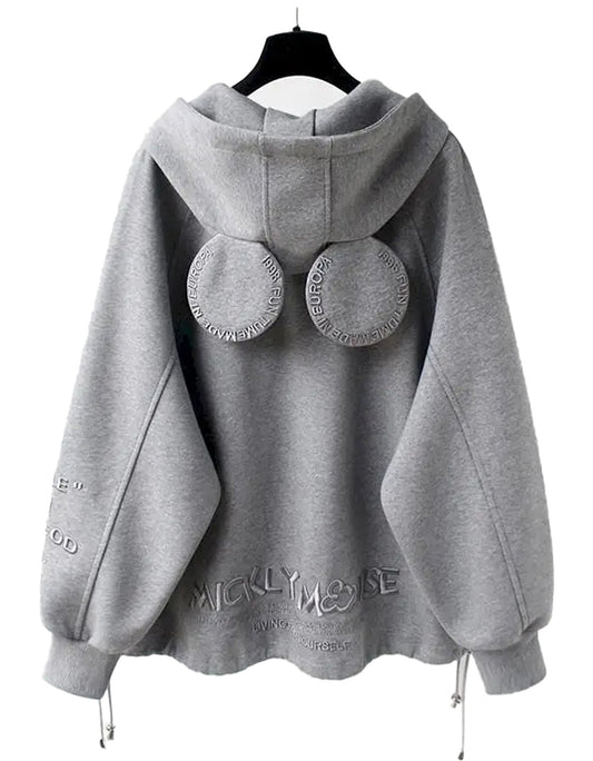 Cute oversized hooded coat for women in grey with unique back design and drawstring details