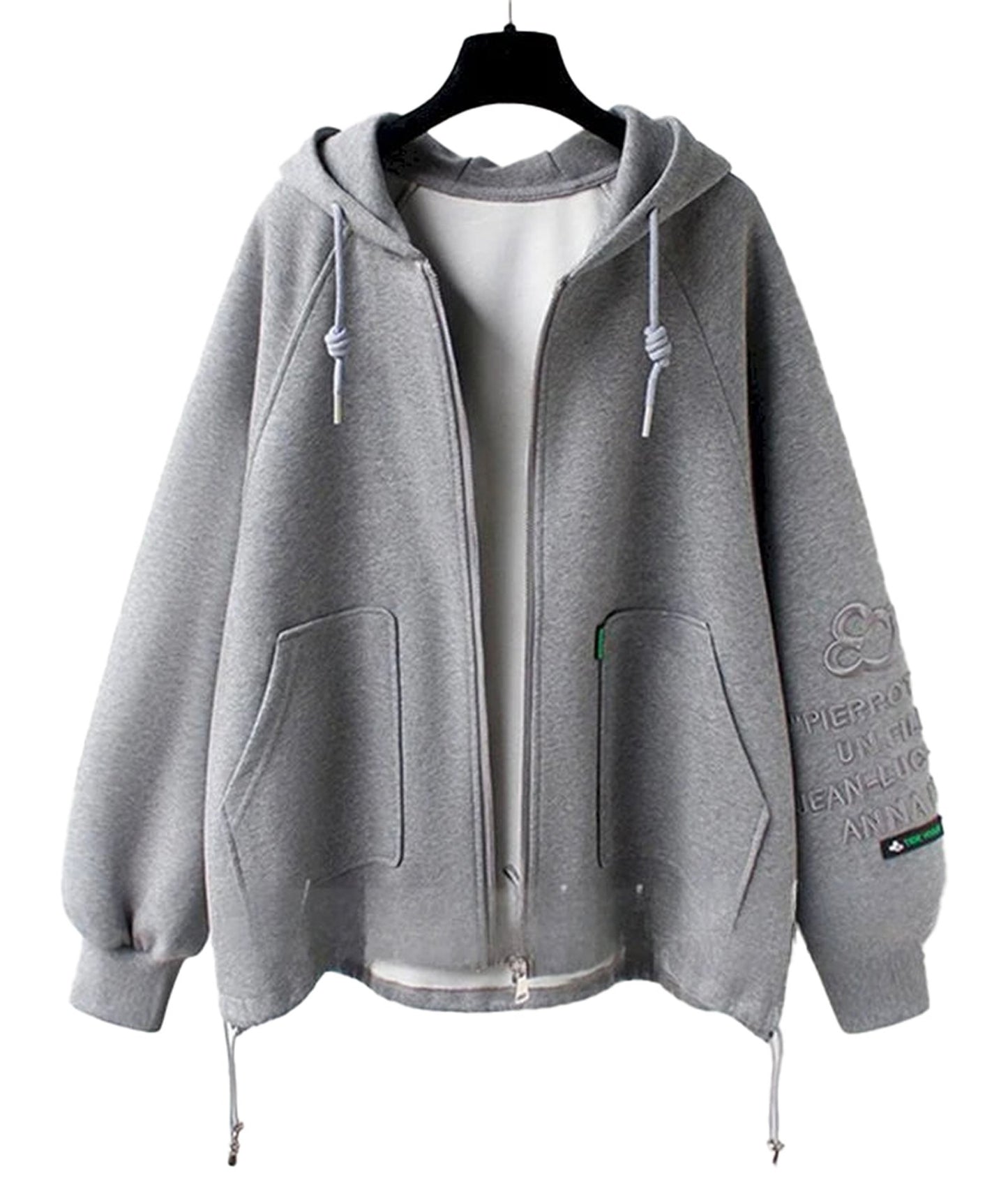 Cute oversized hooded coat for women featuring a gray color and front pockets