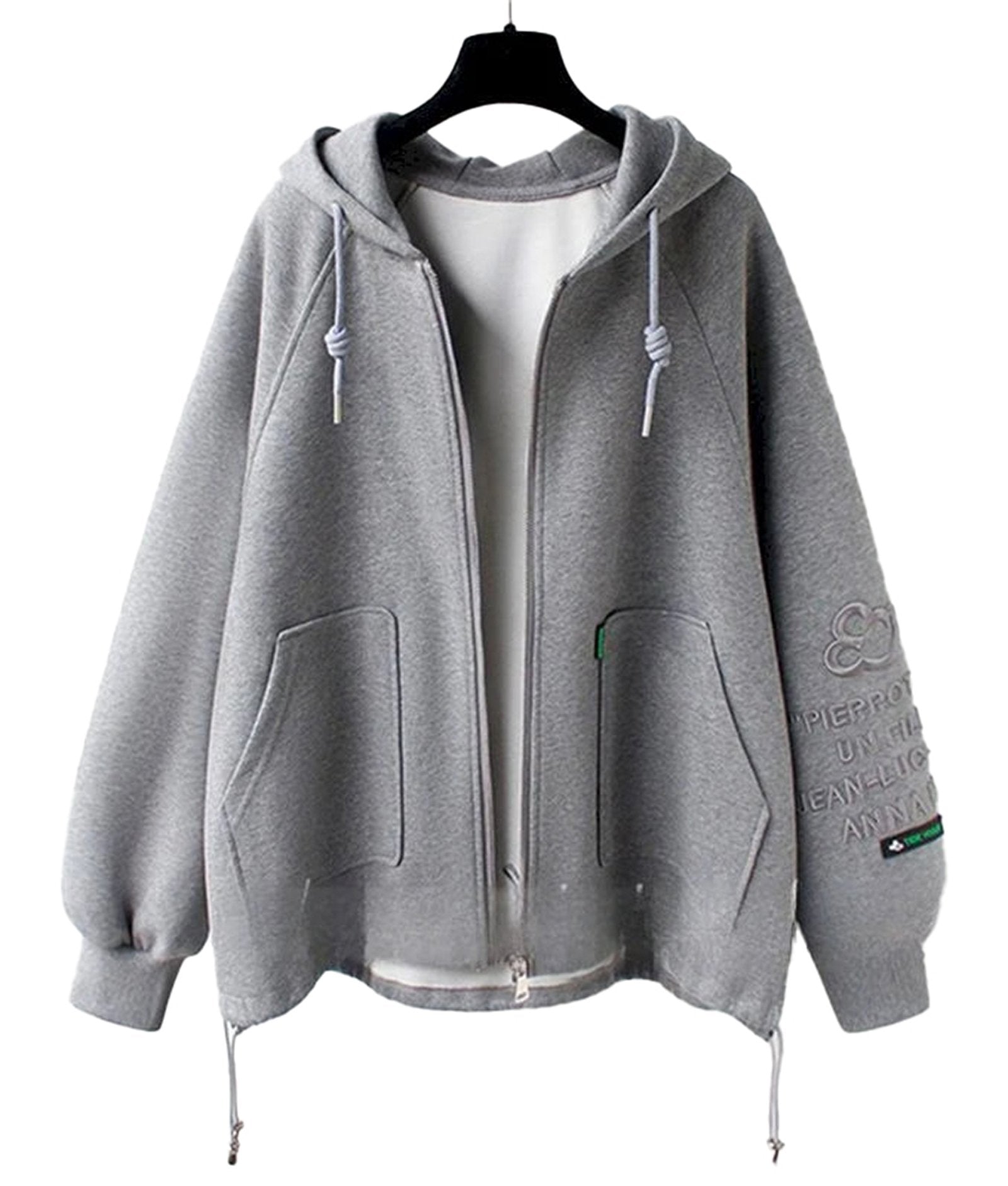 Cute oversized hooded coat for women featuring a gray color and front pockets