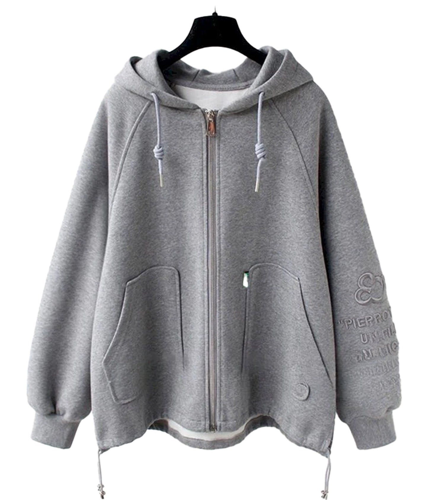 Cute oversized hooded coat for women by LuckeLadybug LLC in grey with zip closure and large pockets