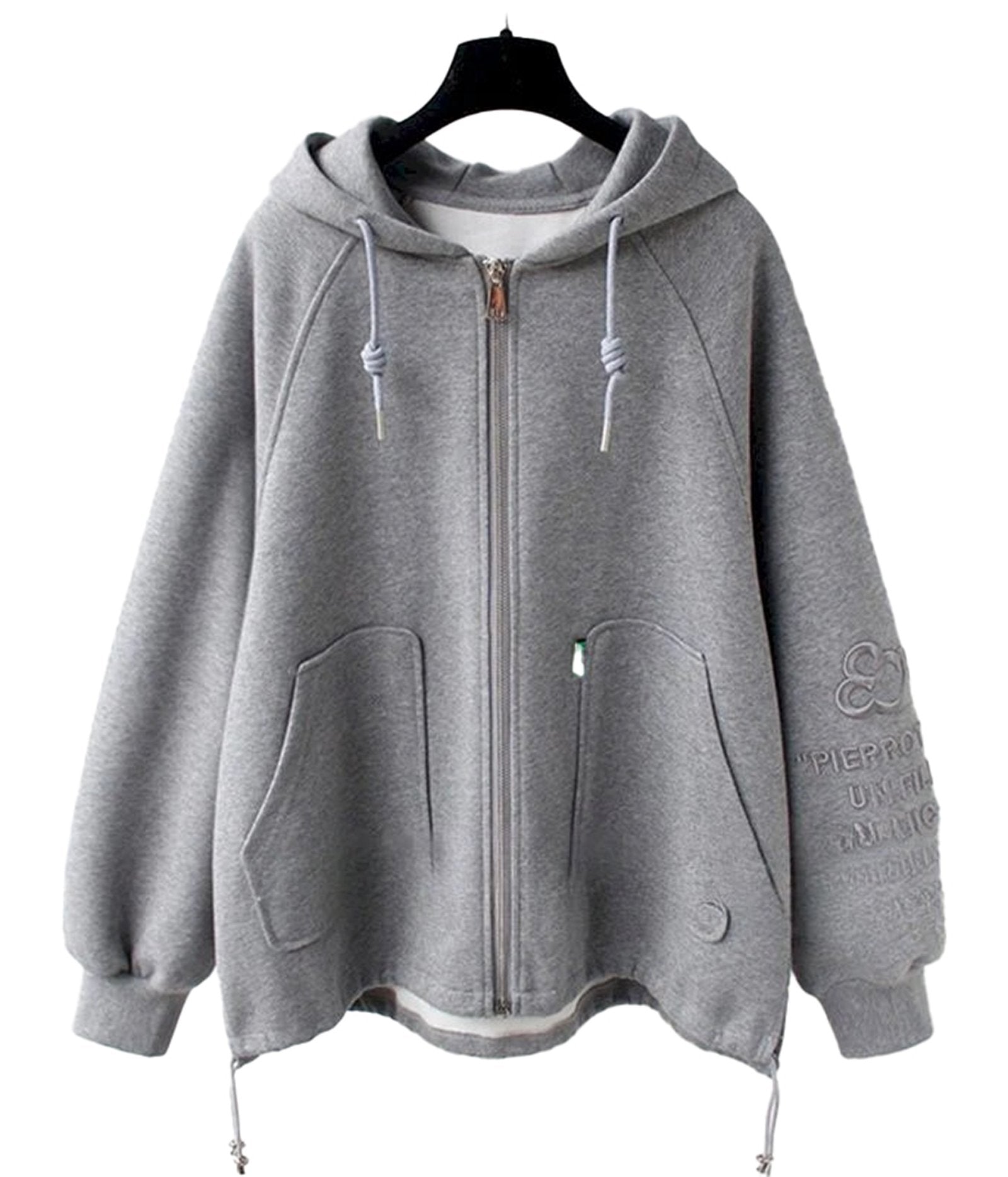Cute oversized hooded coat for women by LuckeLadybug LLC in grey with zip closure and large pockets