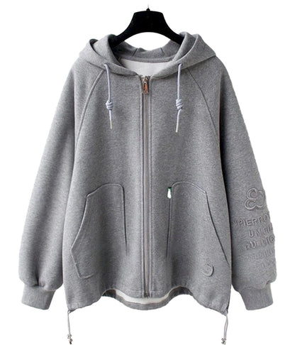 Cute oversized hooded coat for women by LuckeLadybug LLC in grey with zip closure and large pockets