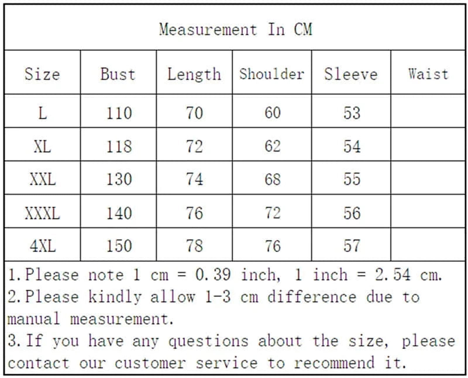 Size chart for LuckeLadybug cute oversized hooded coat for women, listing bust, length, shoulder, sleeve, and waist measurements