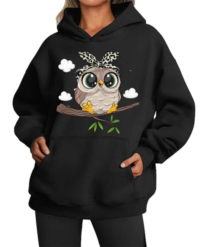 Cute owl hoodie for women featuring a stylish owl design on a black background