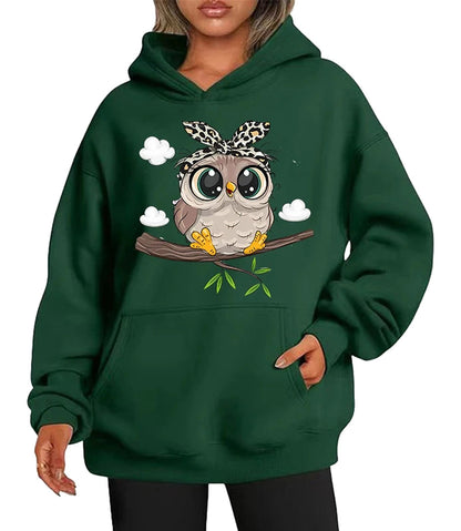 Cute owl hoodie for women in green featuring a charming owl design on a branch