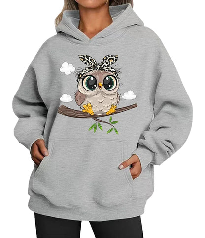 Cute owl hoodie for women in gray featuring a playful owl graphic on a branch