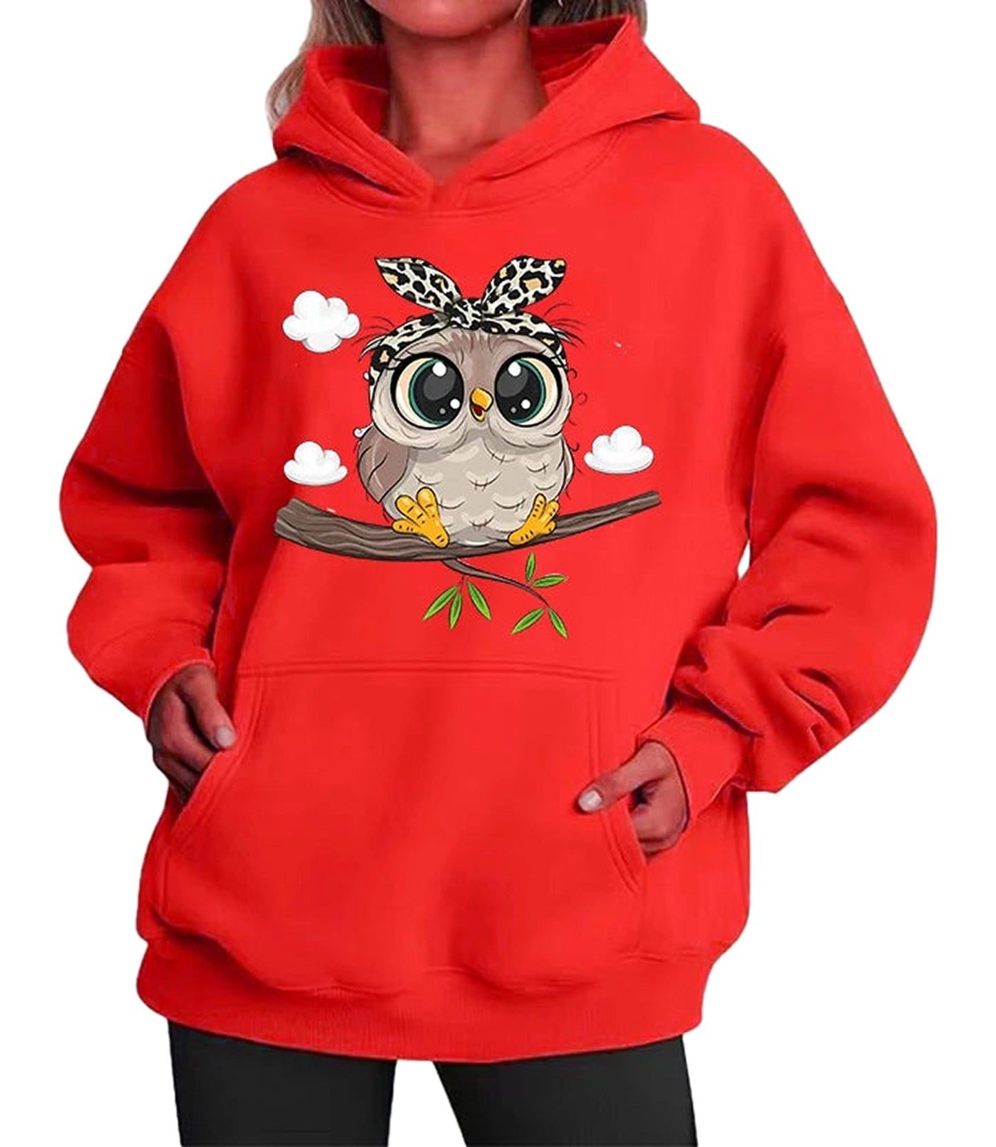Cute owl hoodie for women in red featuring a playful owl design on a branch