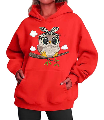 Cute owl hoodie for women in red featuring a playful owl design on a branch