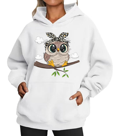 Cute owl hoodie for women featuring an adorable owl design on a white background