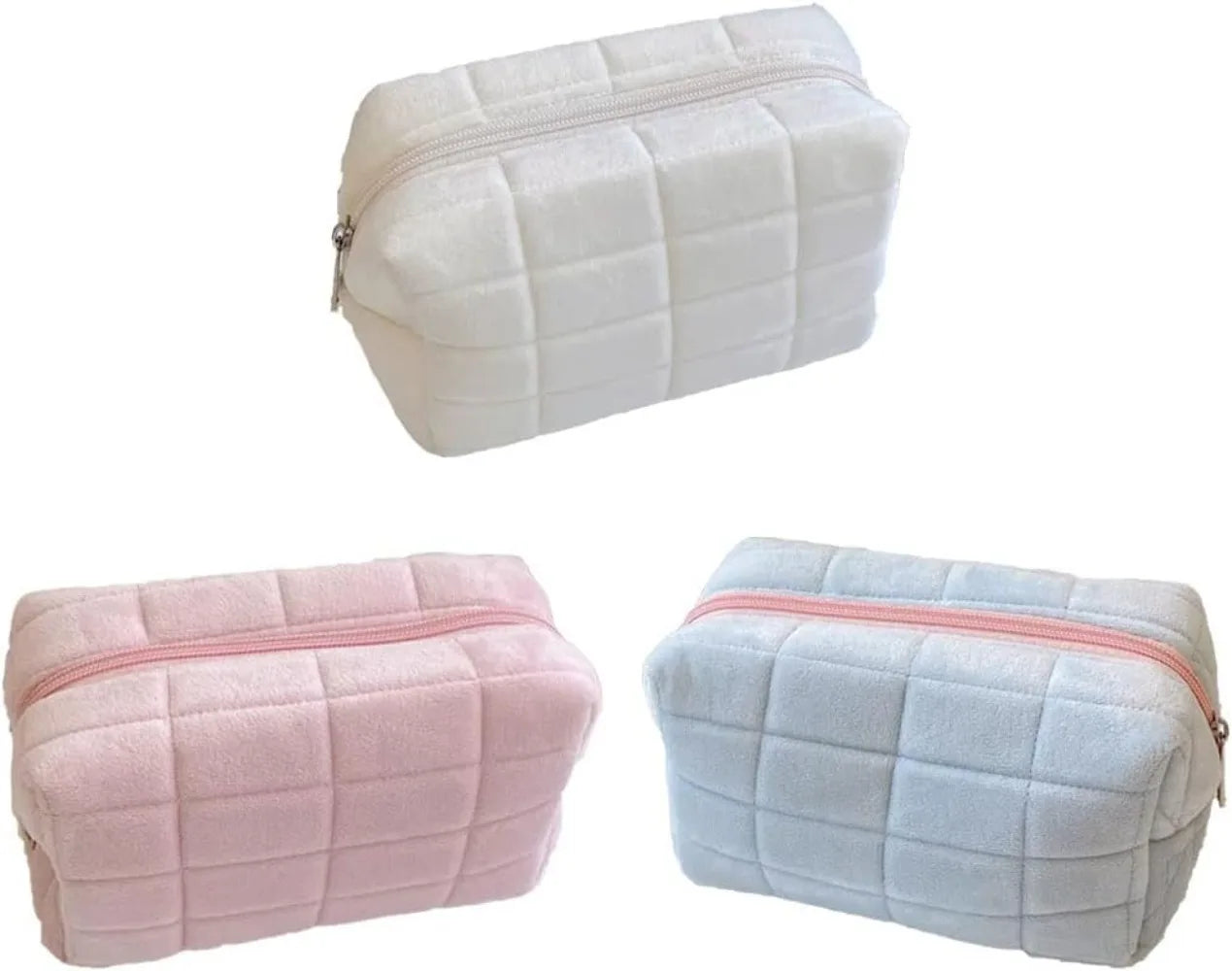 Set of three cute plush makeup bags in white, pink, and blue with zip closures