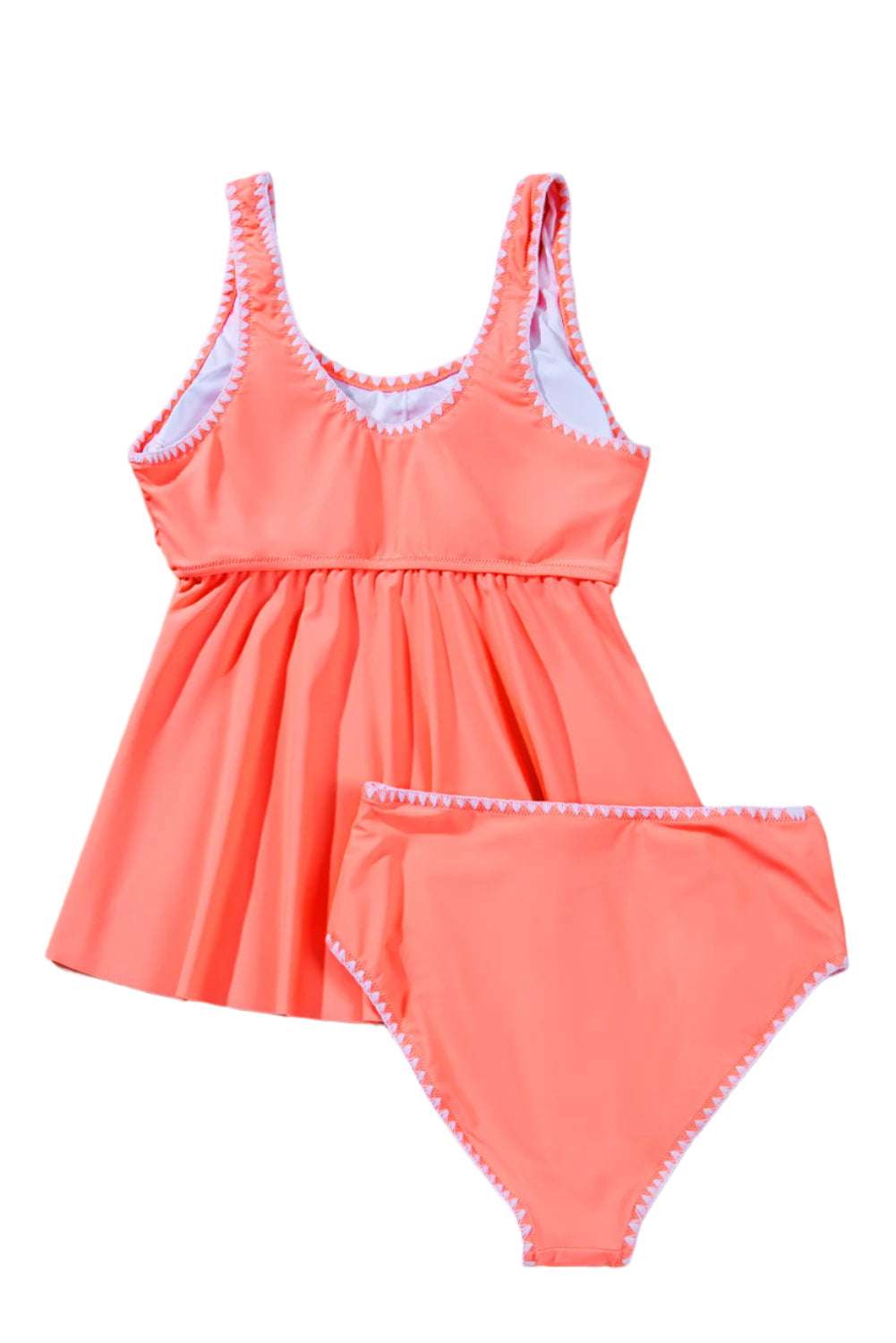LuckeLadybug LLC cute summer tankini set in coral with white trim and high-waisted bottoms