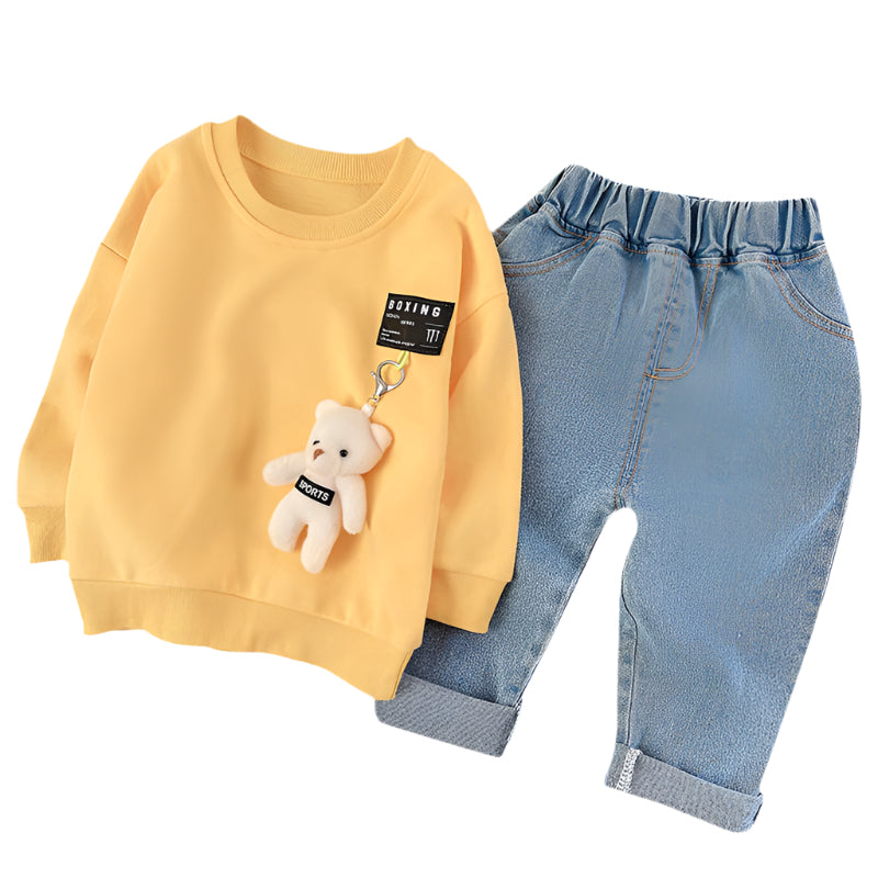 LuckeLadybug cute toddler boy clothes with bear yellow sweatshirt and blue denim pants set